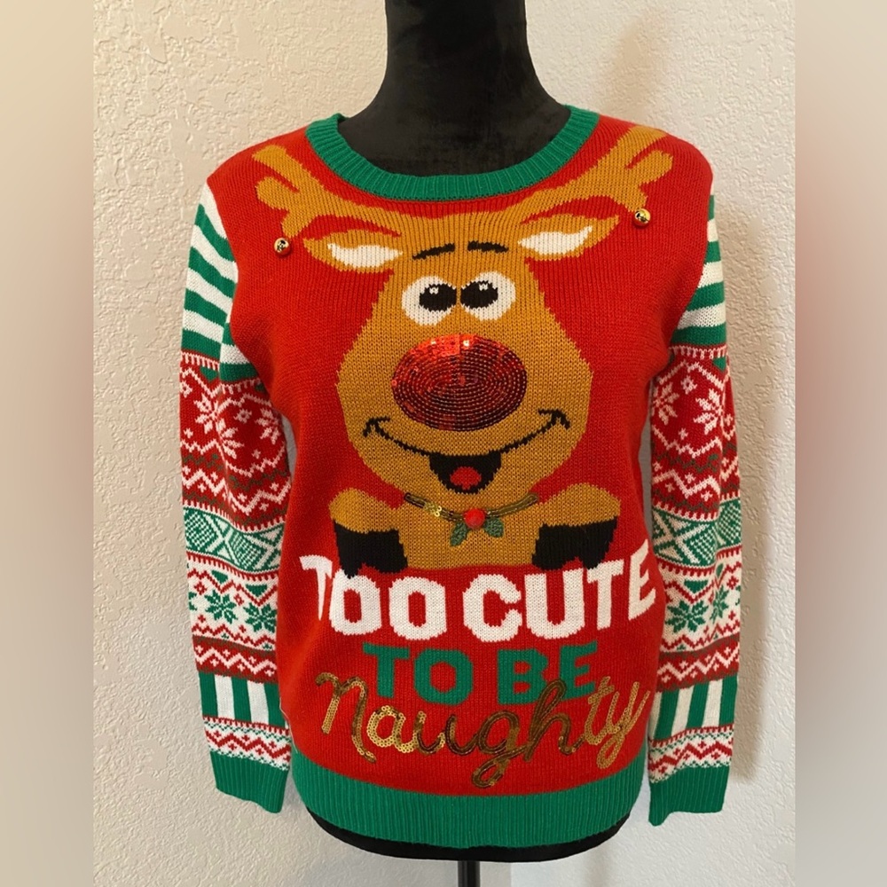 No Boundaries Men's Holiday Reindeer Sweater - Red, Green, Gold, White